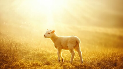 Obraz premium Adorable Baby Lamb Bathed in Warm Sunlight Stands in Peaceful Pastoral Meadow