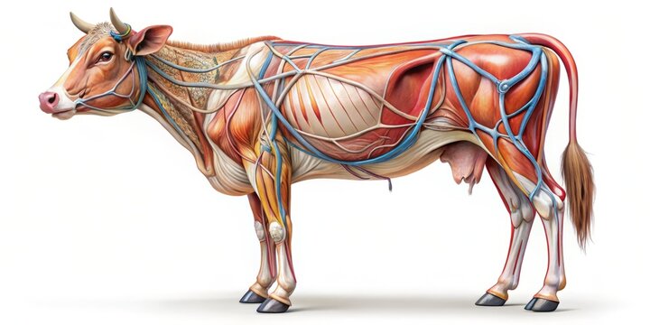 A detailed illustration of a calf's internal anatomy, showcasing muscles, bones, organs, and vascular systems in a