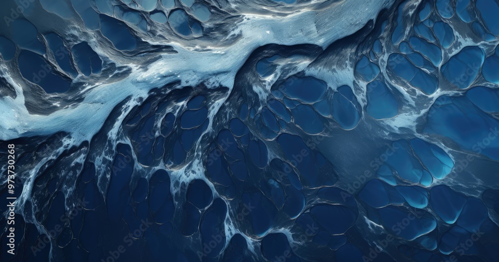 Poster an abstract representation of fluid dynamics, showcasing flowing shapes and a blend of deep blue ton