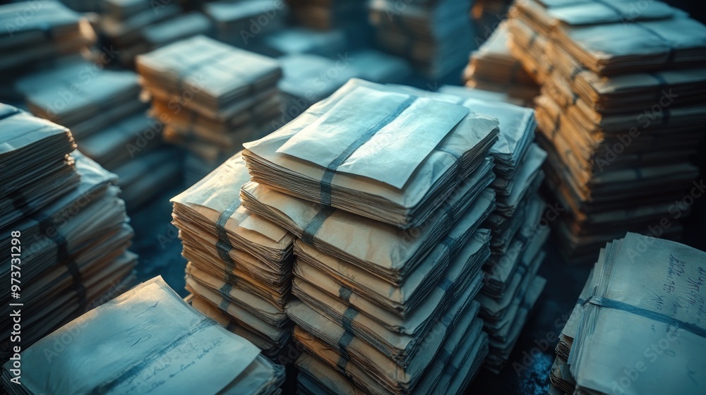 Poster stacks of neatly bundled documents in a dimly lit space.