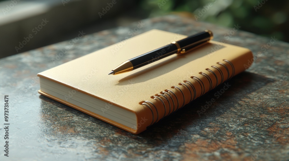 Poster a pen resting on a stylish notebook on a textured surface.