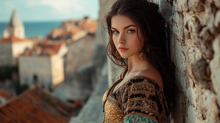 Naklejka premium A Croatian girl in a sexy, modern interpretation of a folklore dress, standing confidently against a historic city wall
