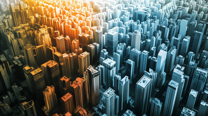 Obraz premium Aerial view of densely packed city buildings with contrasting warm and cool lighting representing urban development