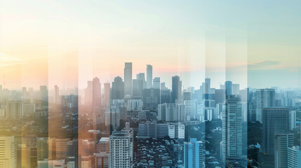 Obraz premium Futuristic city skyline at dawn with layered transparent digital panels representing technological integration in urban environments