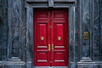 Ornate Red Double Door Set in a Marble Frame