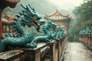Blue Dragon Statue on Stone Wall in Chinese Garden