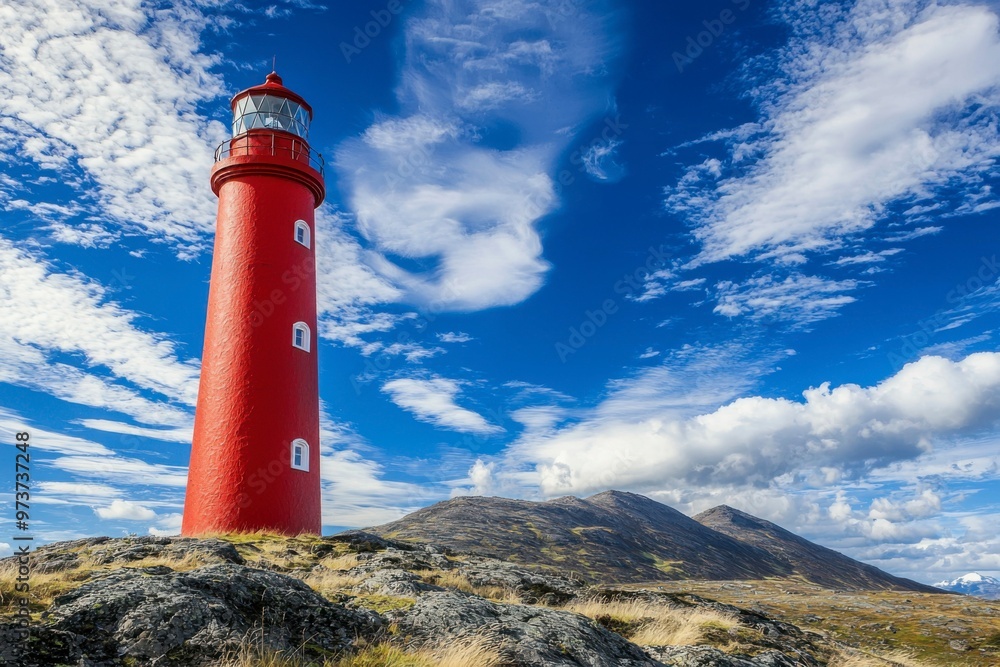 Wall mural Red Lighthouse on a Rocky Coastline Under a Blue Sky with White Clouds