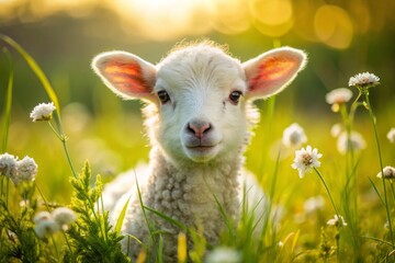 Fototapeta premium Adorable baby lamb with fluffy white fur and endearing eyes, surrounded by green meadow flowers and warm sunshine,
