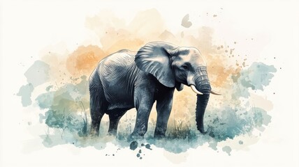 Watercolor elephant, soft brushstrokes, harmonious colors.