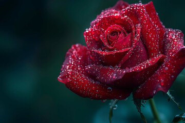 A Single Red Rose Covered in Dew Drops