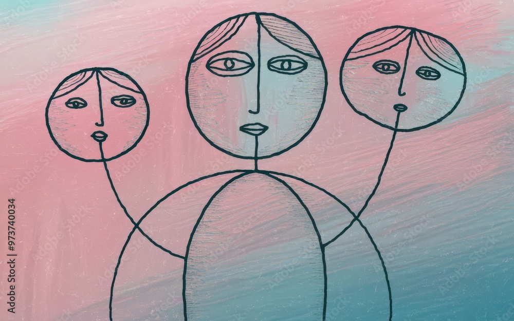 Poster abstract face trio. three abstract faces connected by lines, representing unity and connection. symb