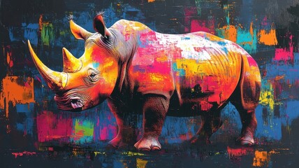 Abstract Expressionism rhinoceros, dynamic strokes, vibrant colors.