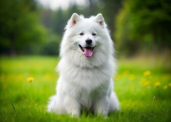 Adorable black Samoyed dog with a fluffy coat and smiling face, sitting on a green grassy meadow, looking