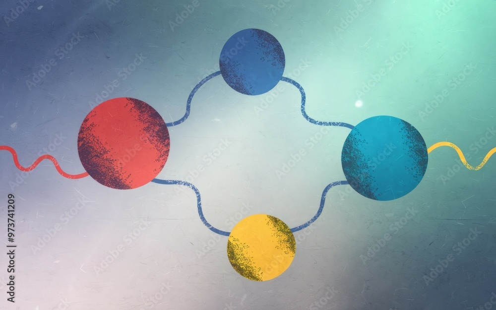 Poster colorful circle network. four circles of different colors connected by lines, symbolizing connection