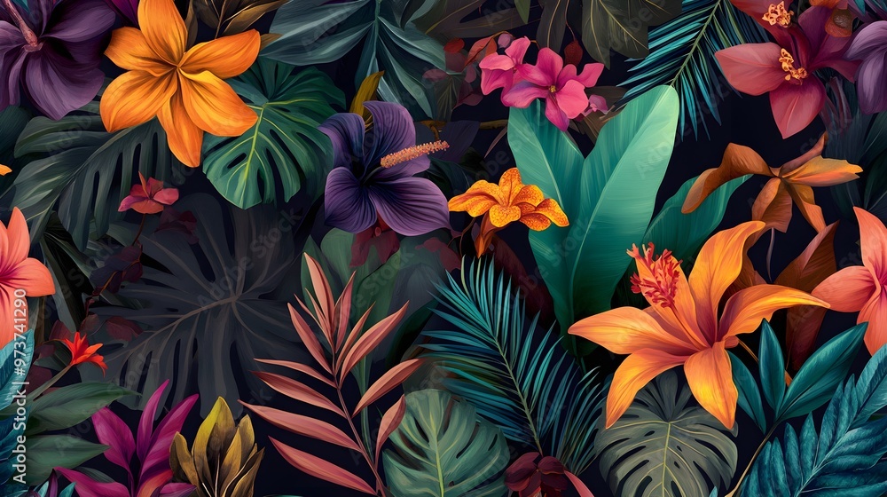 Wall mural tropical jungle pattern with colorful flowers and lush green leaves