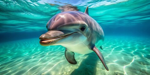 Fototapeta premium Adorable bottlenose dolphin swims playfully in turquoise waters, its sleek gray body and dorsal fin gleaming in the