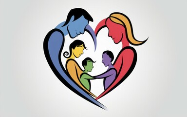 Obraz premium Family heart symbol. Colorful family silhouettes in heart shape, representing love, unity, and togetherness.