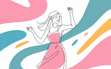 Woman dancing joy. Woman in dress, dancing, happy, freedom, celebration, single line art style.