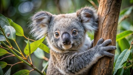 Fototapeta premium Adorable koala climbing a tree surrounded by lush green leaves in a natural habitat