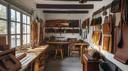 A small leather goods workshop in a Mediterranean town, with artisans handcrafting belts and bags, surrounded by tools and materials