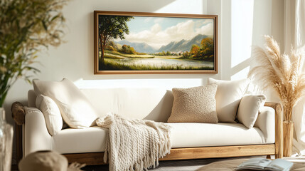 Sun-Drenched Living Room: A cozy and inviting living room with a beige sofa, bathed in warm sunlight streaming through a window.