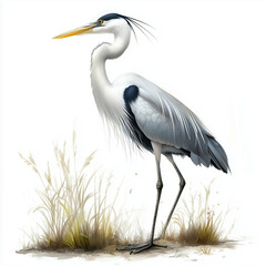 Obraz premium Great Blue Heron in a Serene Landscape: A majestic Great Blue Heron stands tall in a serene landscape, its elegant plumage and sharp gaze capturing the essence of grace and tranquility. 