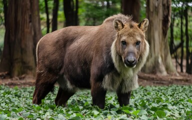 Fototapeta premium Saiga antelope close up. Saiga antelope standing in a forest clearing. Known for its large, bulbous nose.