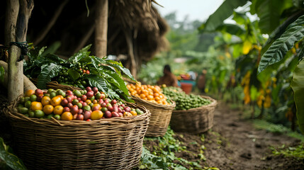 A small-scale coffee farm in a tropical region, with workers hand-picking coffee beans, baskets full of fresh produce in the background