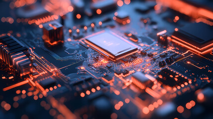 Obraz premium Computer ship macro photo, electronic chip, motherboard part, abstract ai generative illustration. Quantum Computer. Illustration