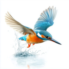 Fototapeta premium Kingfisher's Splashdown: A vibrant kingfisher dives towards water, wings outstretched, creating a splash
