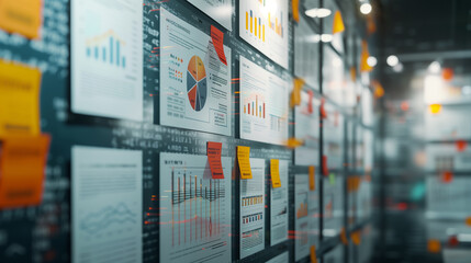 business analysis data statistics documents pinned on the wall in modern office, business growth performance info graphics