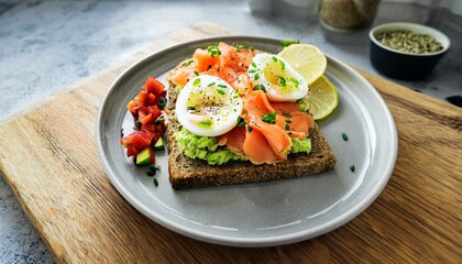 A golden toast topped with creamy avocado and delicate smoked salmon, sprinkled with sea salt and olive oil, sits on a modern kitchen table, its vibrant colors glowing in natural light.