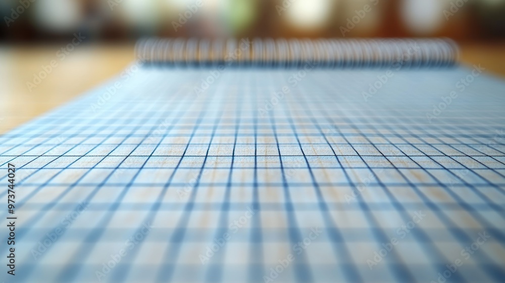 Poster a close-up view of a spiral-bound graph notebook on a wooden surface.