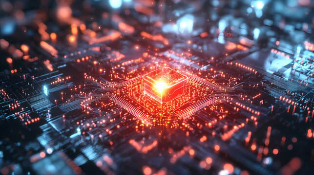 Illustration of a quantum computer core, visualized with glowing qubits and intricate circuitry in a high-tech lab environment. Quantum Computer. Illustration