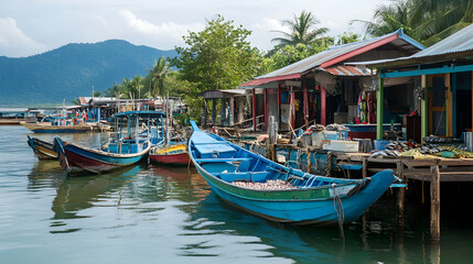A fishing village in Southeast Asia, with local fishermen preparing their boats for the day, small businesses selling fish along the docks