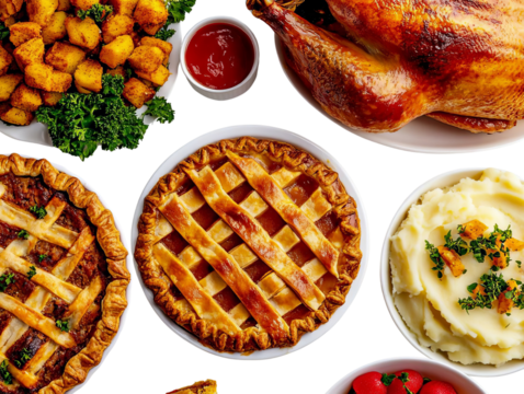 A festive meal featuring turkey, mashed potatoes, pie, and sides, perfect for holiday gatherings and celebrations.