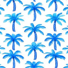 Blue Watercolor Palm Trees Seamless Pattern