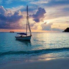 A beautiful sole sailboat on a calm ocean at sunset
