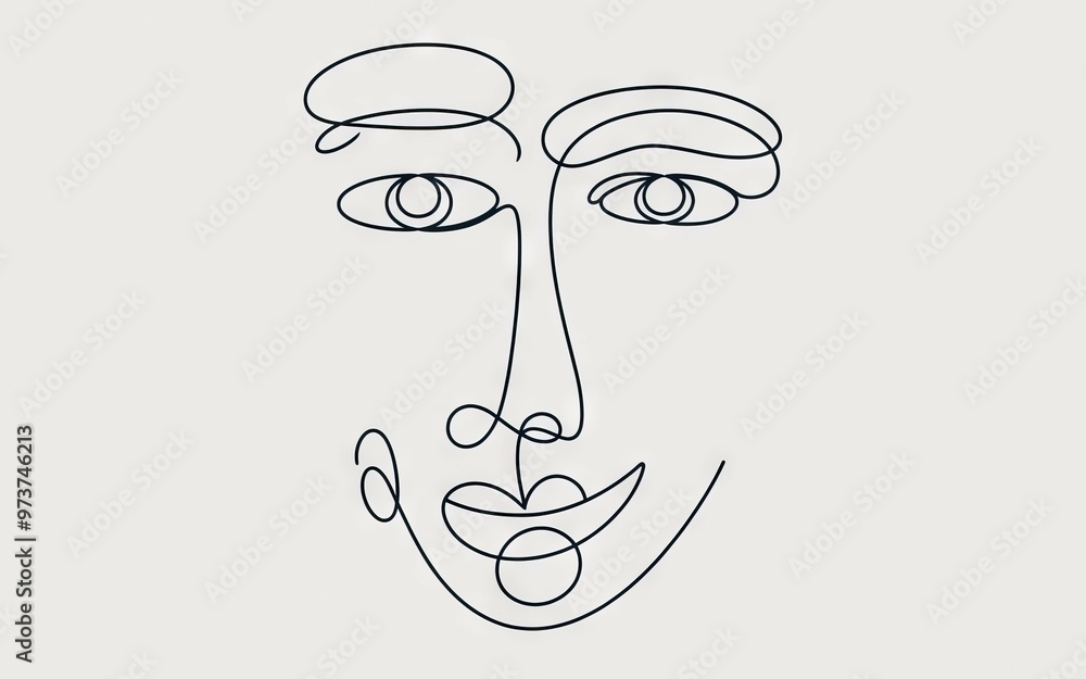 Poster one line face. abstract line art portrait of a smiling face. minimalist design with a single line.