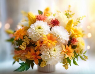 A beautiful floral arrangement with white, yellow and orange flowers set in a sunny room.