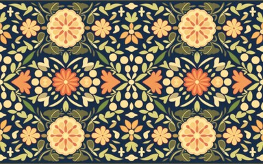 Floral pattern design. Seamless decorative pattern with colorful flowers and leaves on a navy blue background. Ideal for textile design, wallpaper, and packaging.