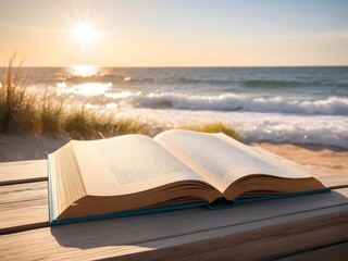 An open book rests on a wooden table overlooking the ocean waves at sunset on a serene sandy beach. Generative AI