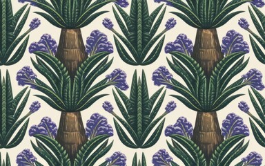 Tropical plant pattern. Seamless pattern featuring vibrant green plants with purple flowers on a cream background. Perfect for textile design or wallpaper.