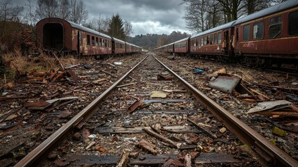 Obraz premium Abandoned Train Tracks with Rusted Train Cars