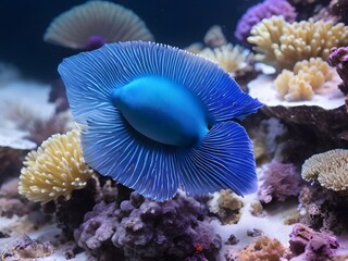 Obraz premium Colorful sea creature swimming among vibrant coral reefs in a clear ocean during daylight hours. Generative AI