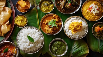 South Indian style meal with multiple dishes arranged on a banana leaf, offering a traditional and vibrant dining
