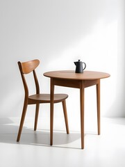 Modern wooden table with a simple chair against a minimalist white wall in a well-lit room during daylight. Generative AI