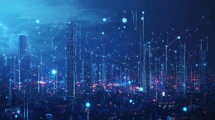 Obraz premium 11. A futuristic smart city skyline with towering skyscrapers, interconnected by abstract dots and lines representing big data network connections, forming a complex and undulating pattern