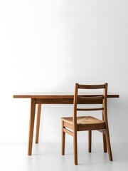 Modern wooden table with a simple chair against a minimalist white wall in a well-lit room during daylight. Generative AI