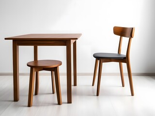 Modern wooden table with a simple chair against a minimalist white wall in a well-lit room during daylight. Generative AI